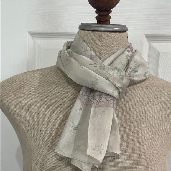 Vintage 80s Liz Claiborne 100% silk Floral cottagecore Sheer white pastel Scarf